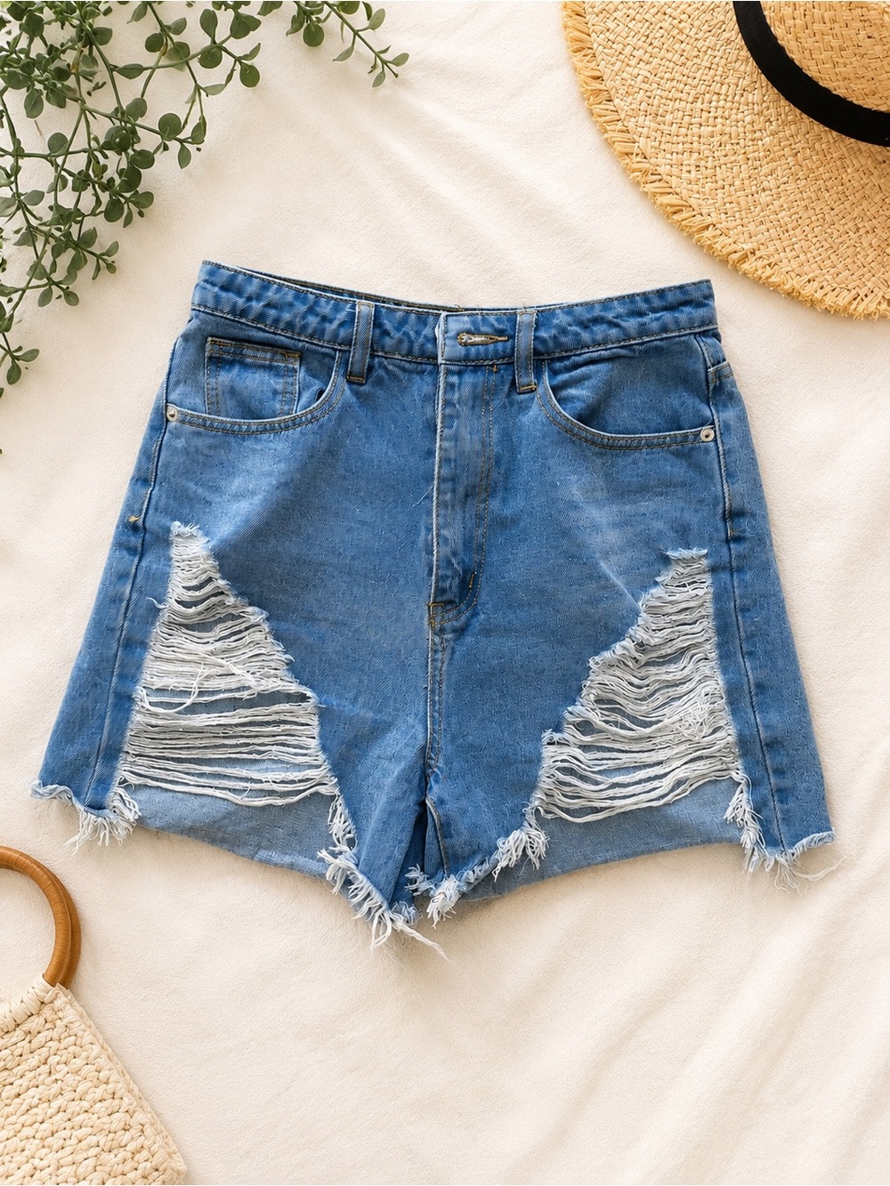 Distressed High-Waist Blue Denim Shorts